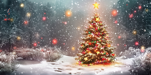 640 christmas tree standing in snowy forest clearing at night glowing with christmas lights